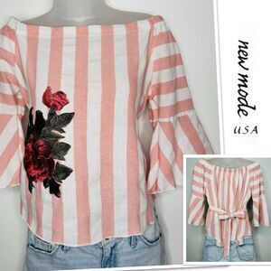 New Mode USA Off The Shoulder Rose Embroidered Striped Top, Size Medium